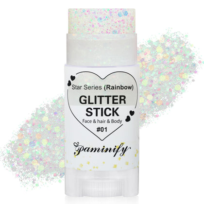 Paminify Rainbow White Glitter Stick front view with twist-up design