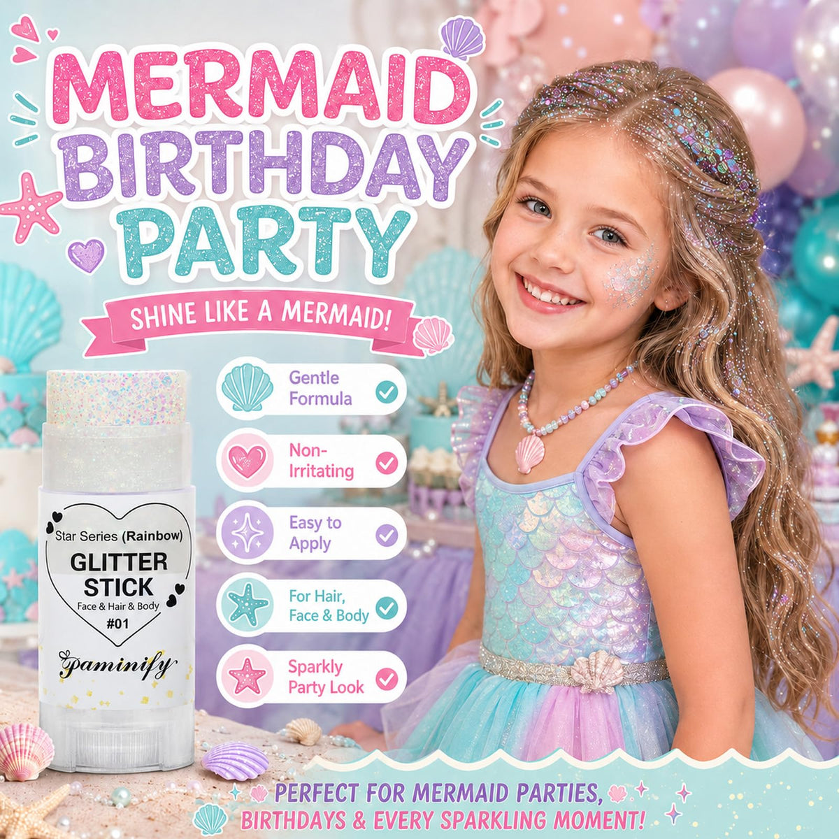 Paminify Rainbow White Glitter Stick on hair for a festive appearance