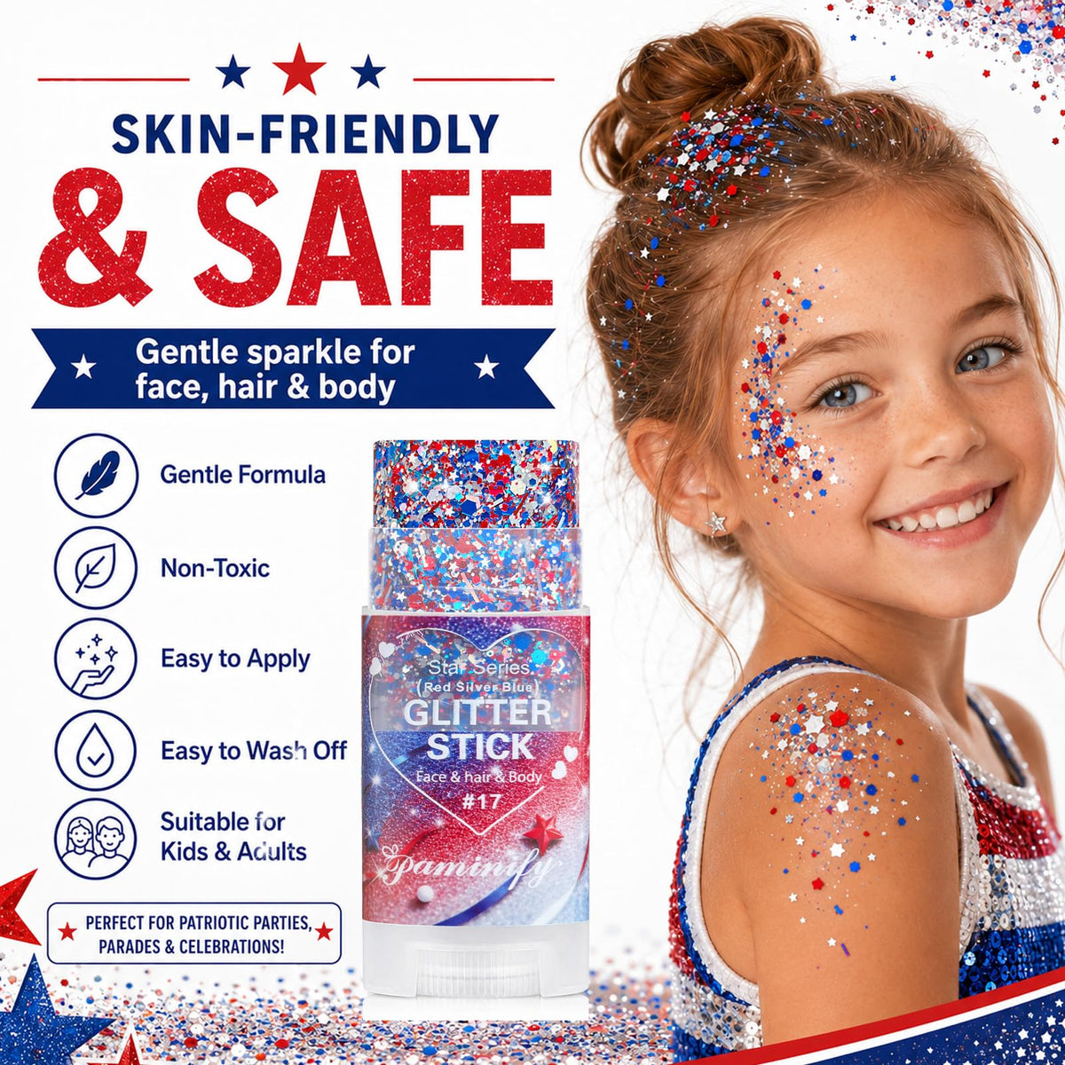 Paminify Red White Blue Hair Glitter Stick in use during a parade