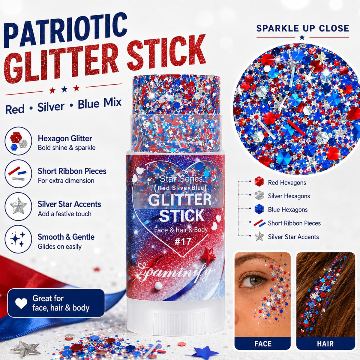 Paminify Red White Blue Hair Glitter Stick on a festive background