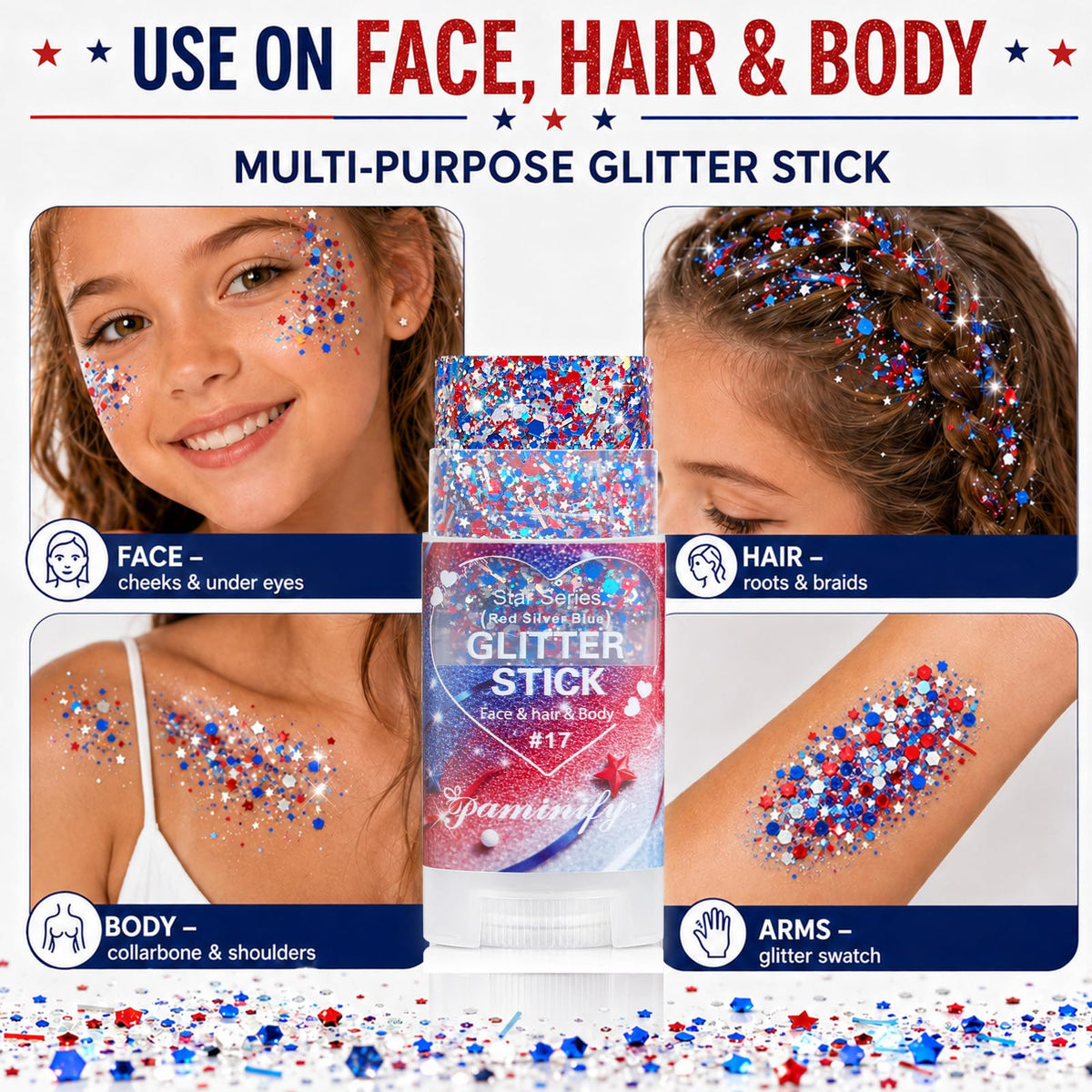 Paminify Red White Blue Hair Glitter Stick packaging