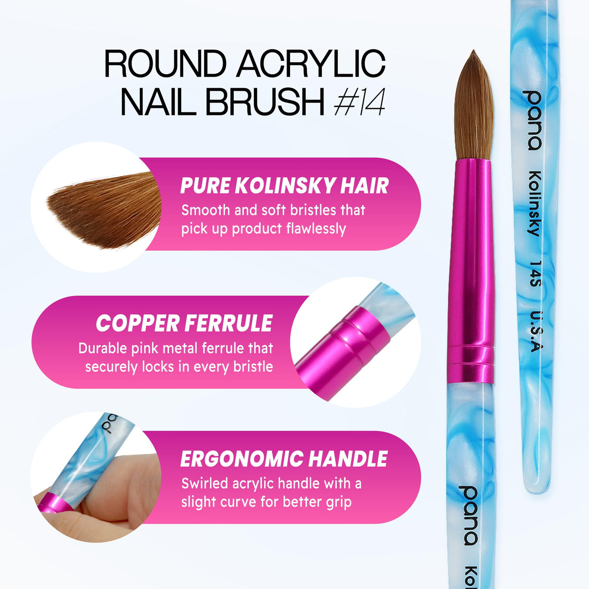 PANA Pure Kolinsky Nail Brush Size 14 close-up of brush tip
