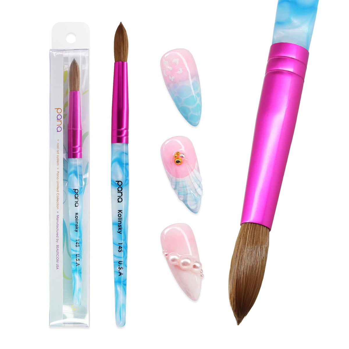 PANA Pure Kolinsky Nail Brush Size 14 showing white swirl blue handle