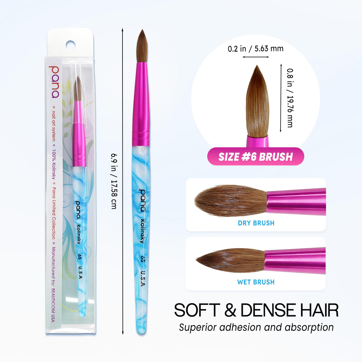 PANA Pure Kolinsky Nail Brush with blue handle and pink ferrule