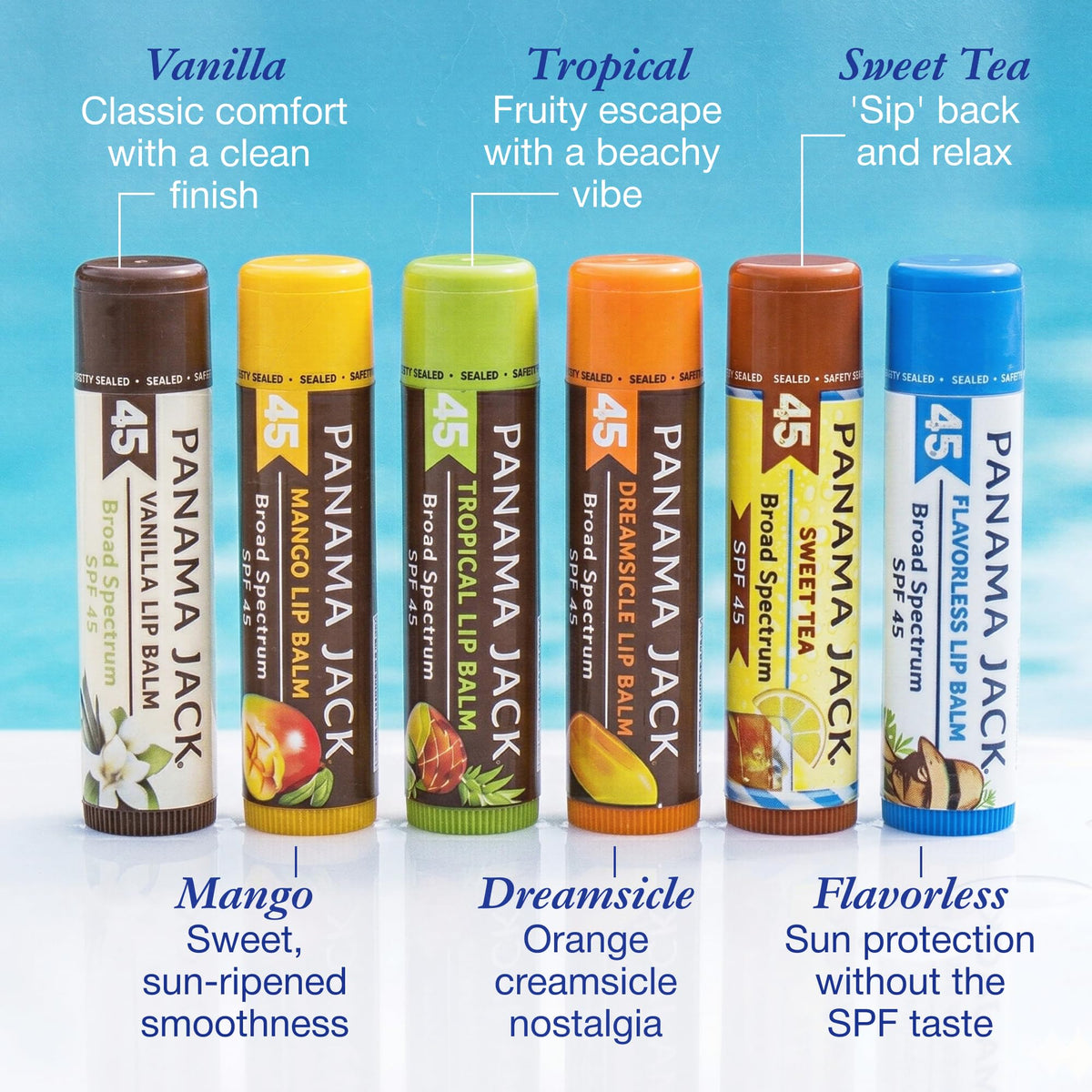 Panama Jack lip balm packaging showing five flavours