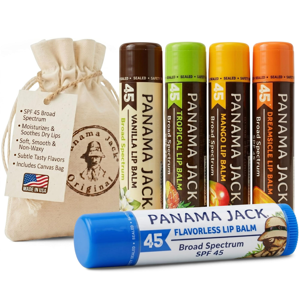 Panama Jack Sunscreen Lip Balm SPF 45 five pack with various flavours