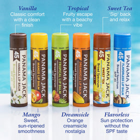 Panama Jack Sunscreen Lip Balm SPF 45 mango in a beach bag