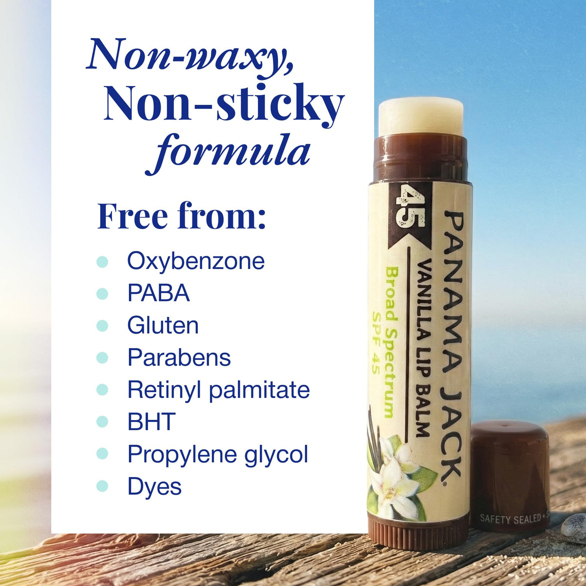 Panama Jack Sunscreen Lip Balm SPF 45 tube with sun protection label