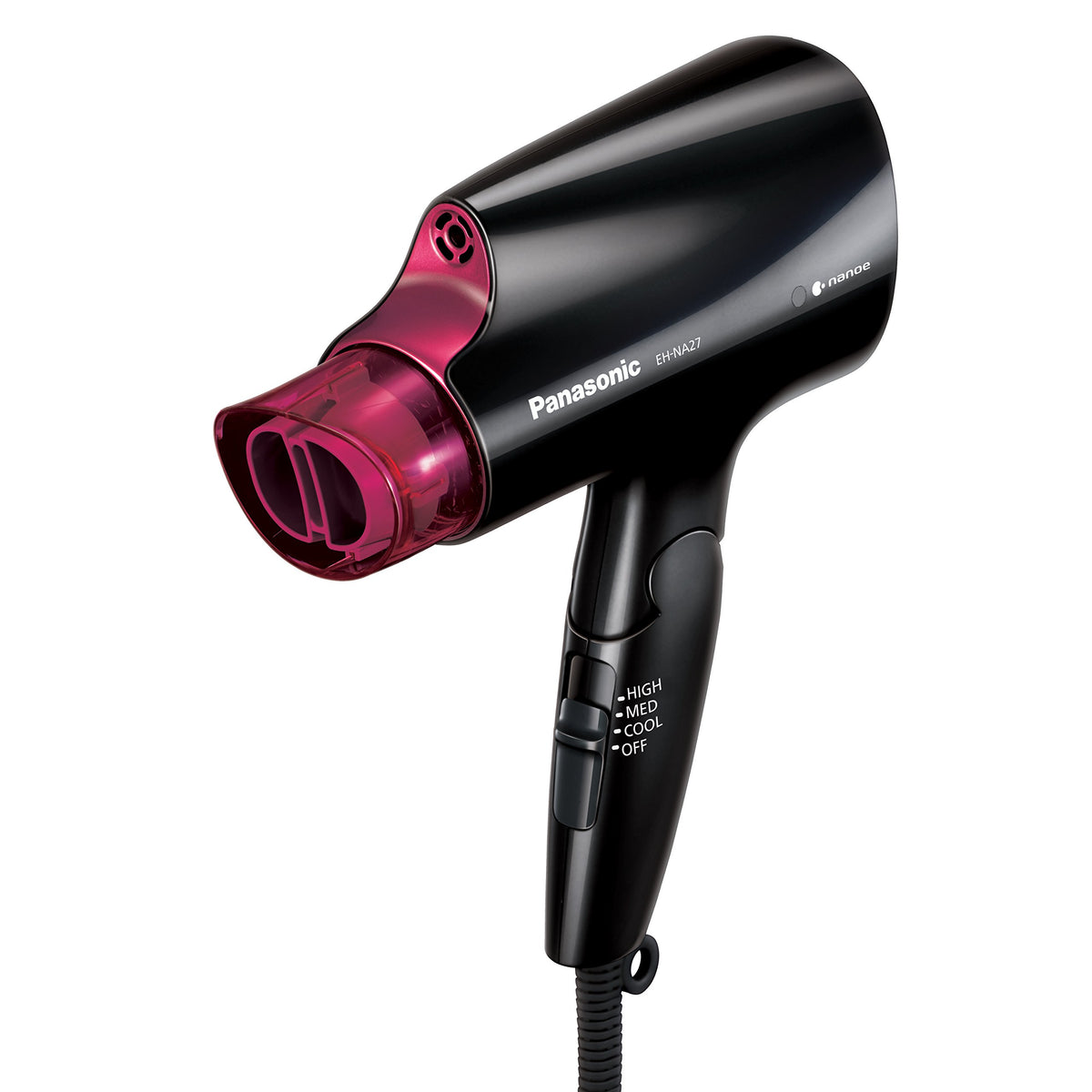 Panasonic nanoe Compact Hair Dryer front view in black and pink