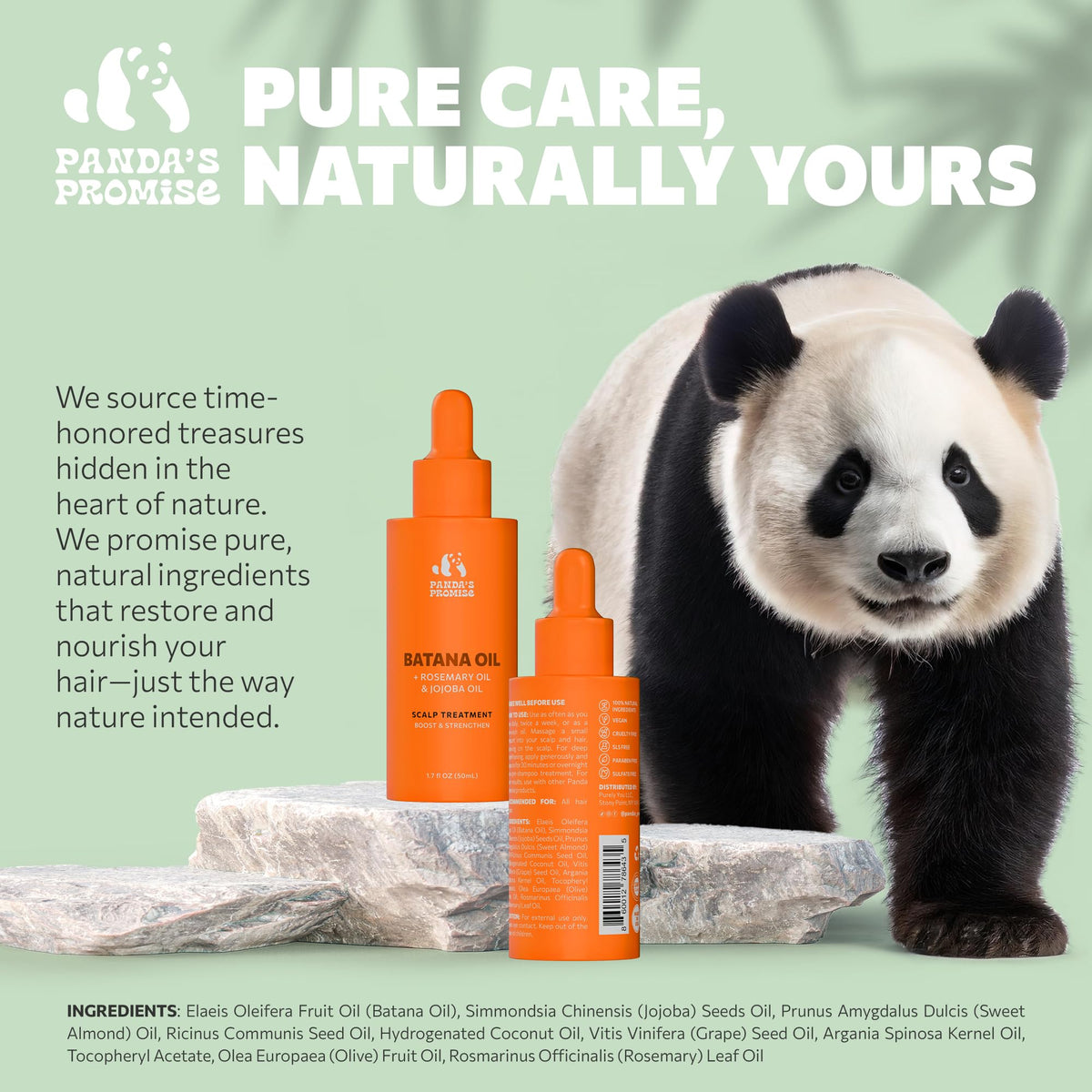 Panda's Promise Pure Batana Oil 60 Day Supply bottle on a bathroom shelf
