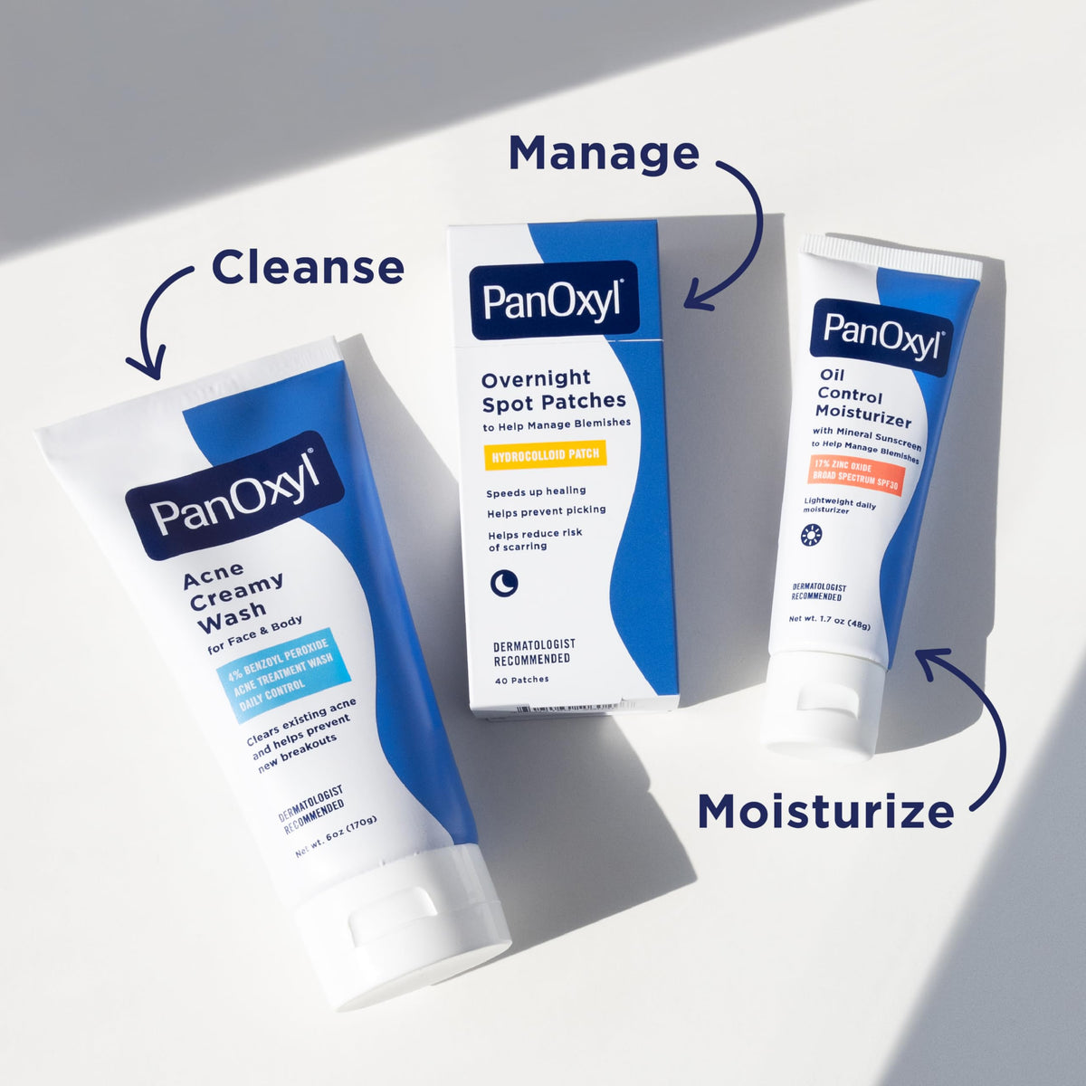 PanOxyl Acne Creamy Wash with a towel and skincare routine