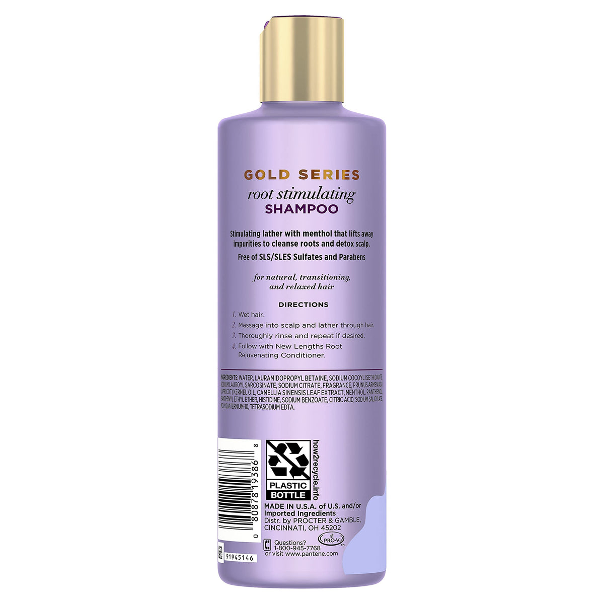 Pantene Gold Series shampoo bottle side view with Apricot Oil & Green Tea