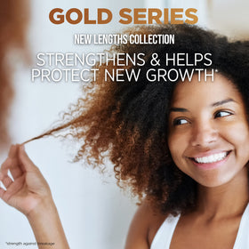 Pantene Gold Series shampoo in a lifestyle setting on a bathroom shelf