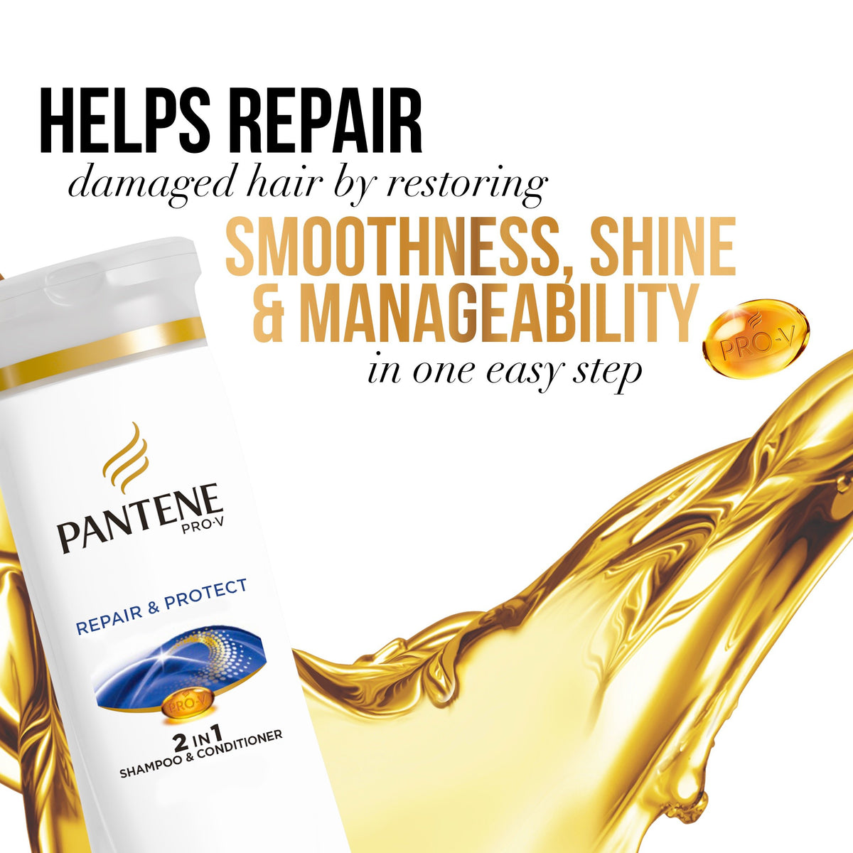 Pantene Pro-V 2 in 1 Shampoo & Conditioner 12.6 oz with product features highlighted