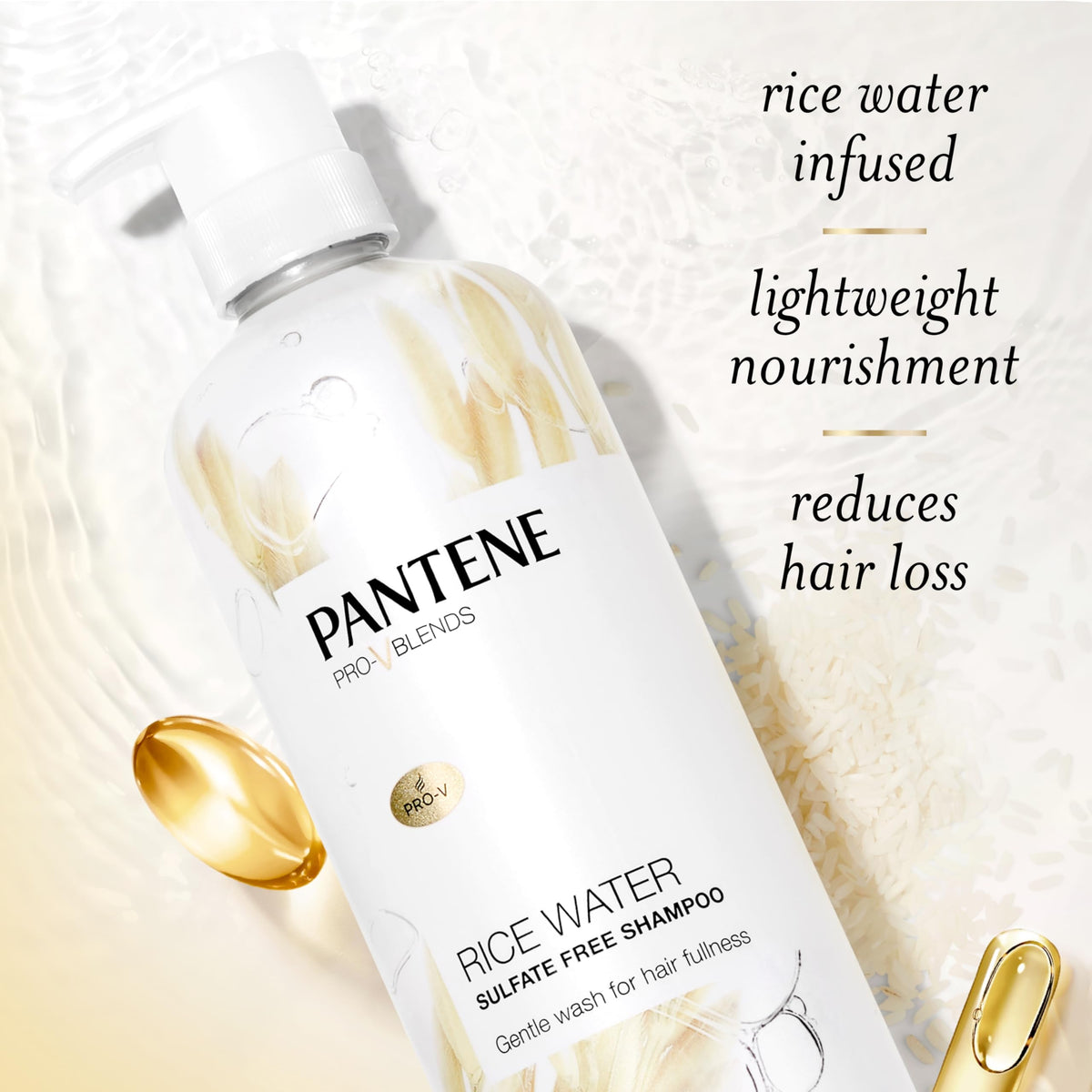 Pantene Rice Water Shampoo with rice water background
