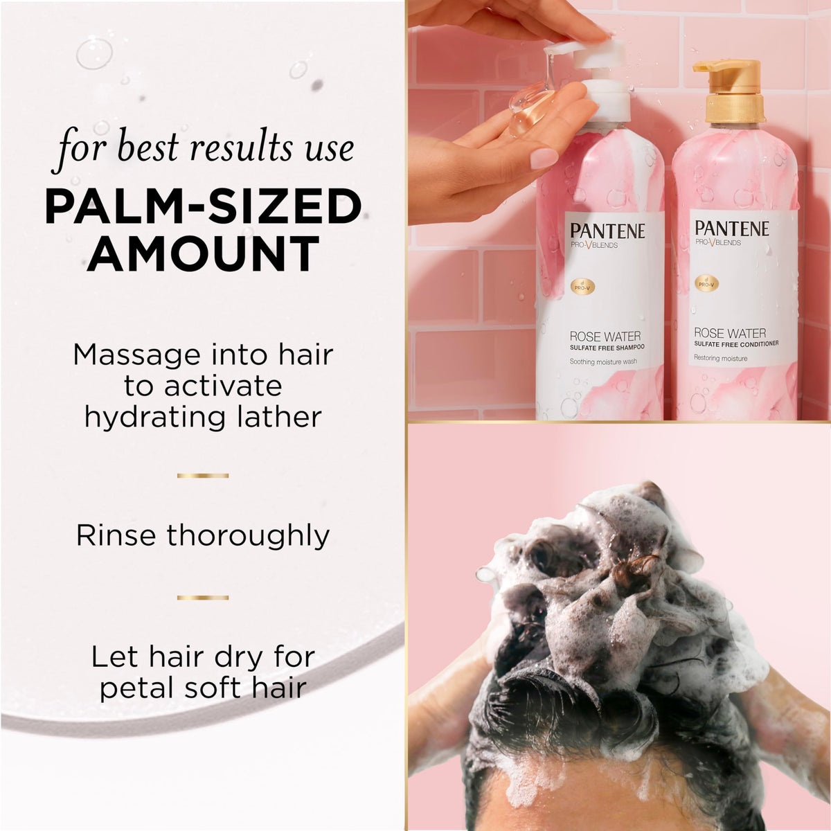 Pantene Rose Water Shampoo 30 oz showing texture on hand