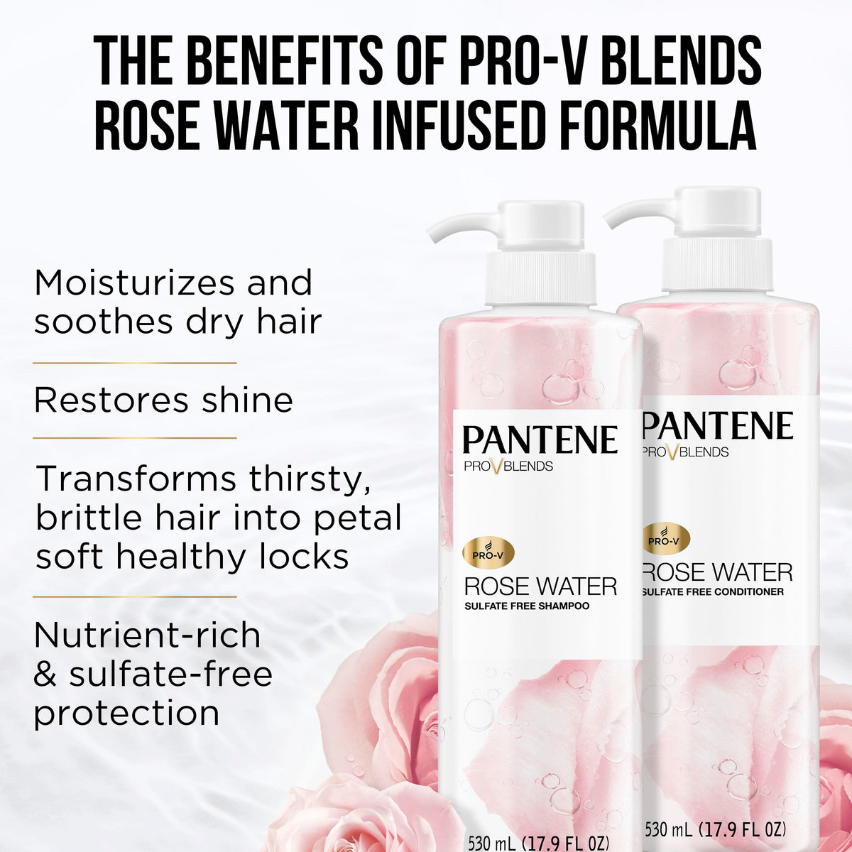 Pantene Sulfate Free Shampoo bottle with rose water ingredients