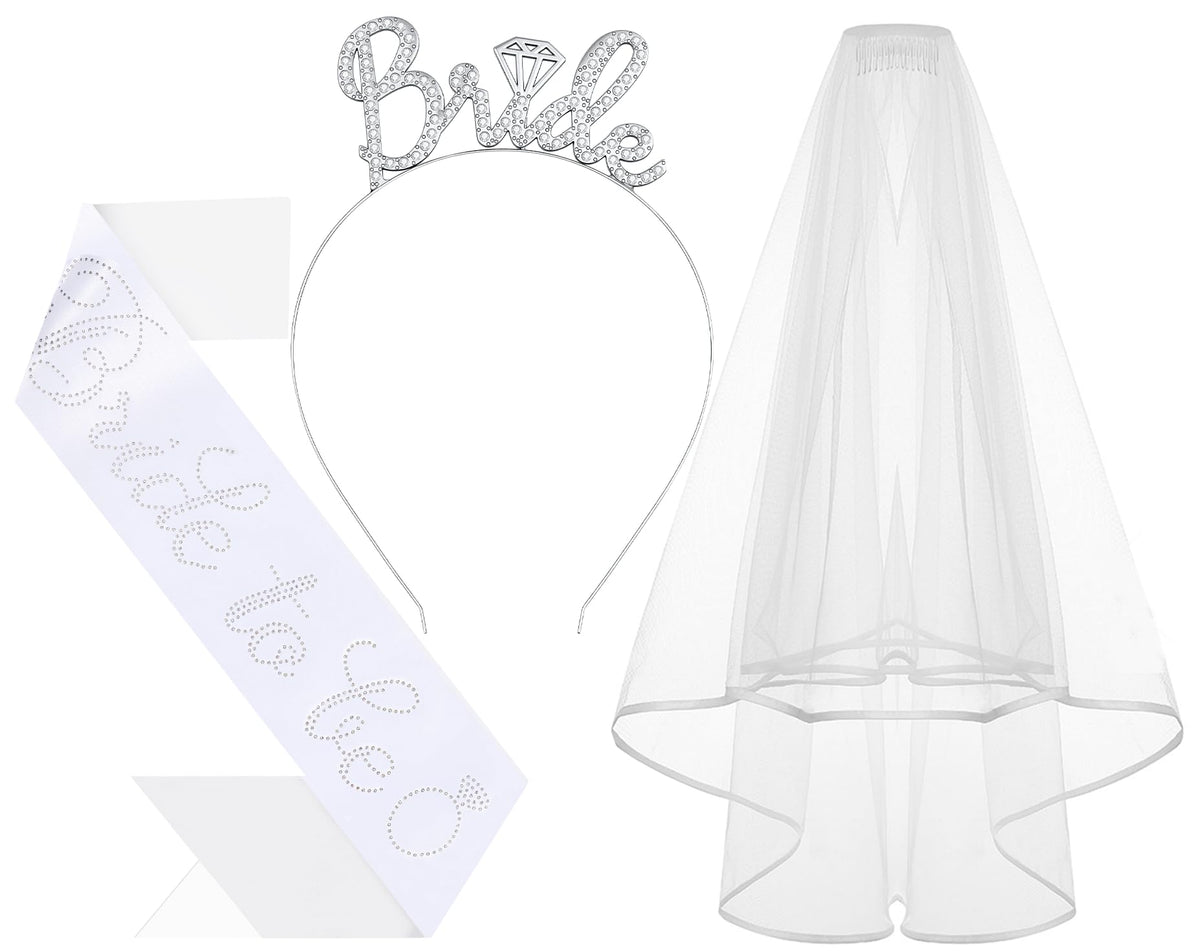 Papoopy Bride to Be Headband with Sash and Veil front view