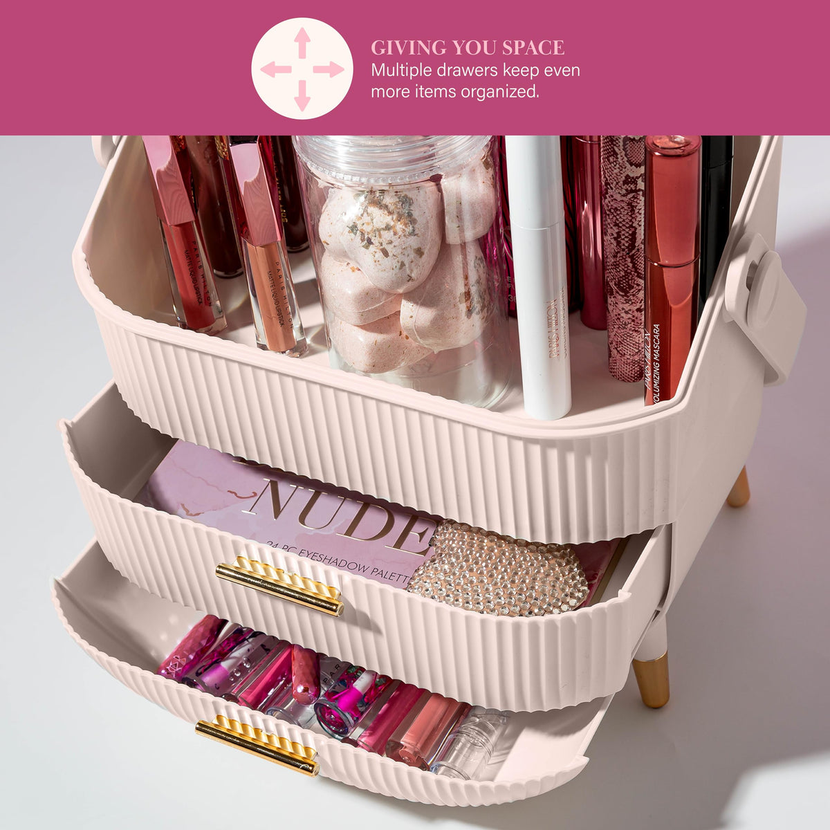 Paris Hilton Makeup Storage Organizer on a bathroom vanity
