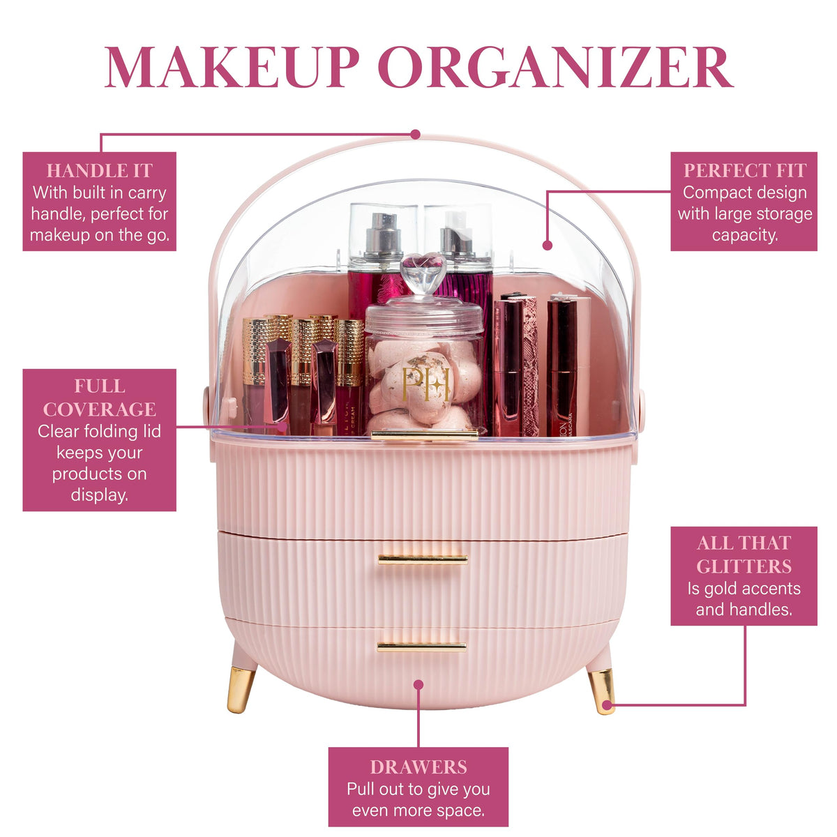 Paris Hilton Makeup Storage Organizer side view showing gold accents