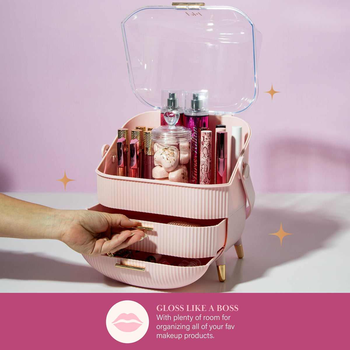Paris Hilton Makeup Storage Organizer with lid open displaying cosmetics