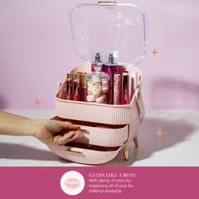 Paris Hilton Makeup Storage Organizer with lid open displaying cosmetics