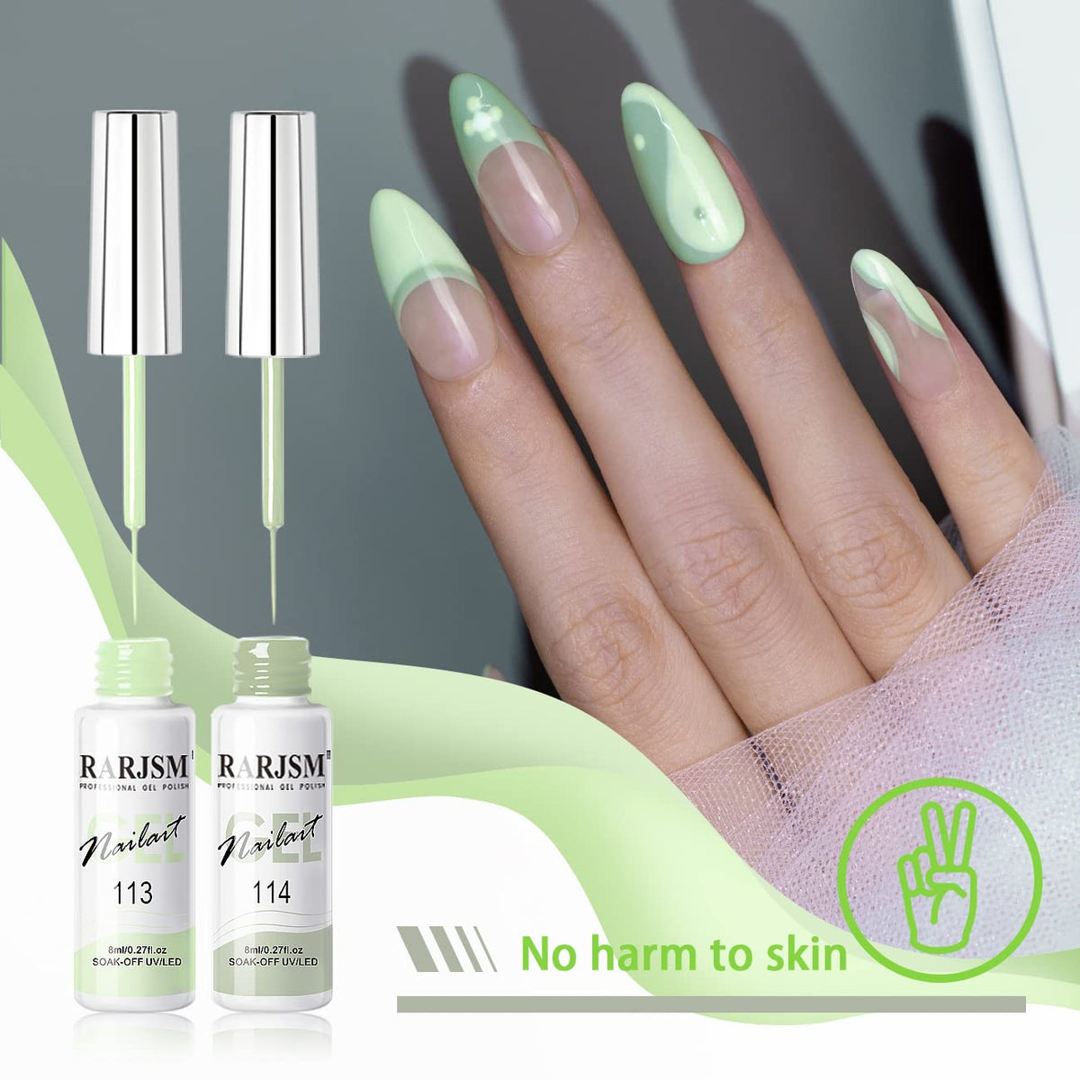 Pastel green nail art design created with RARJSM gel polish