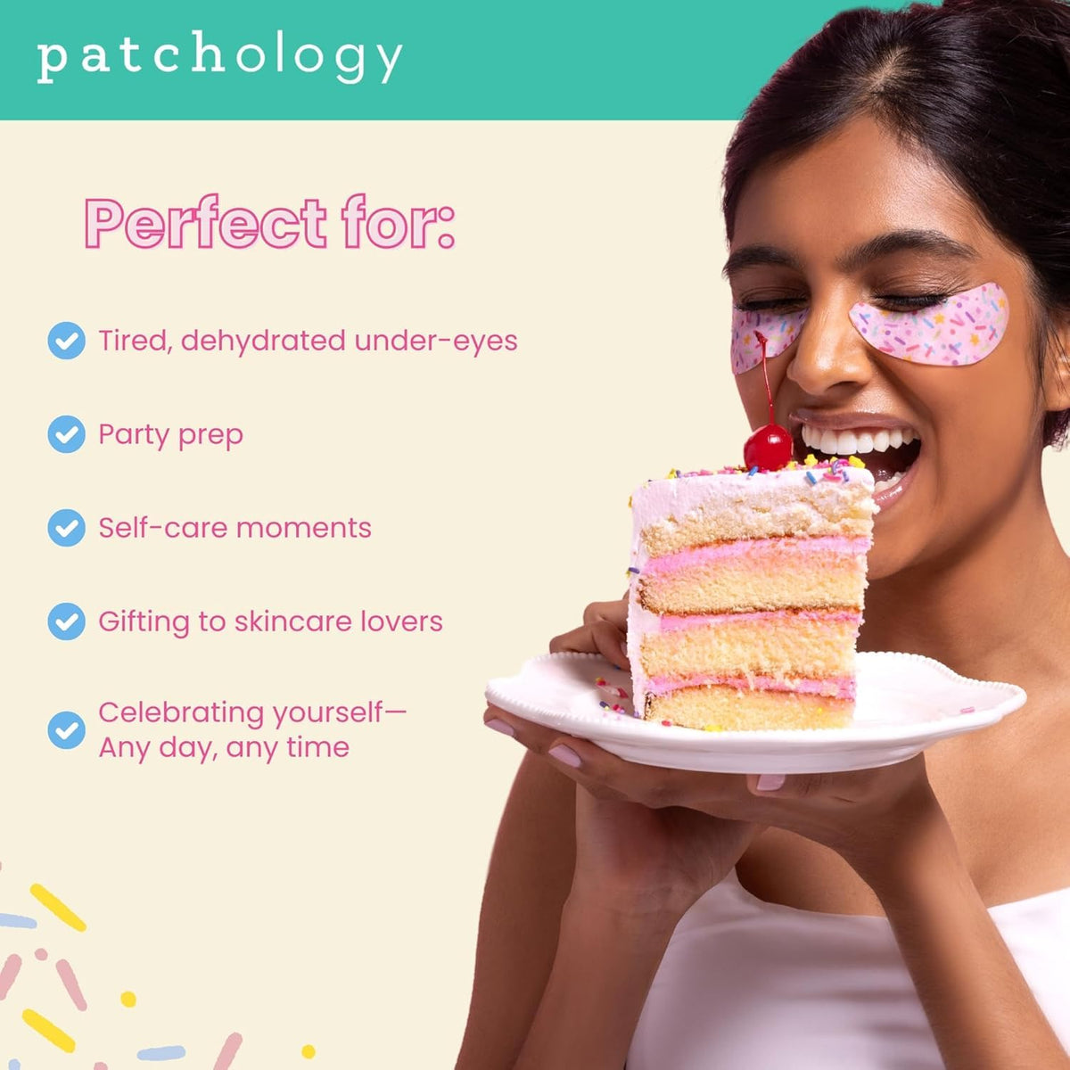 Patchology Eye Want Cake Under Eye Patches displayed next to beauty products