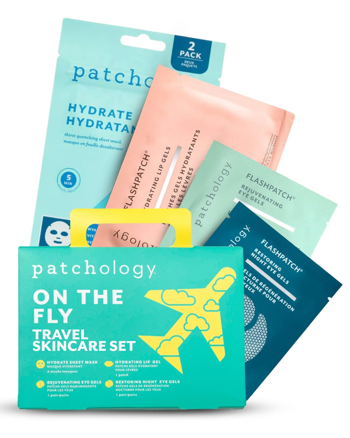 Patchology On The Fly Travel Essentials Kit front view with eye gels and face mask