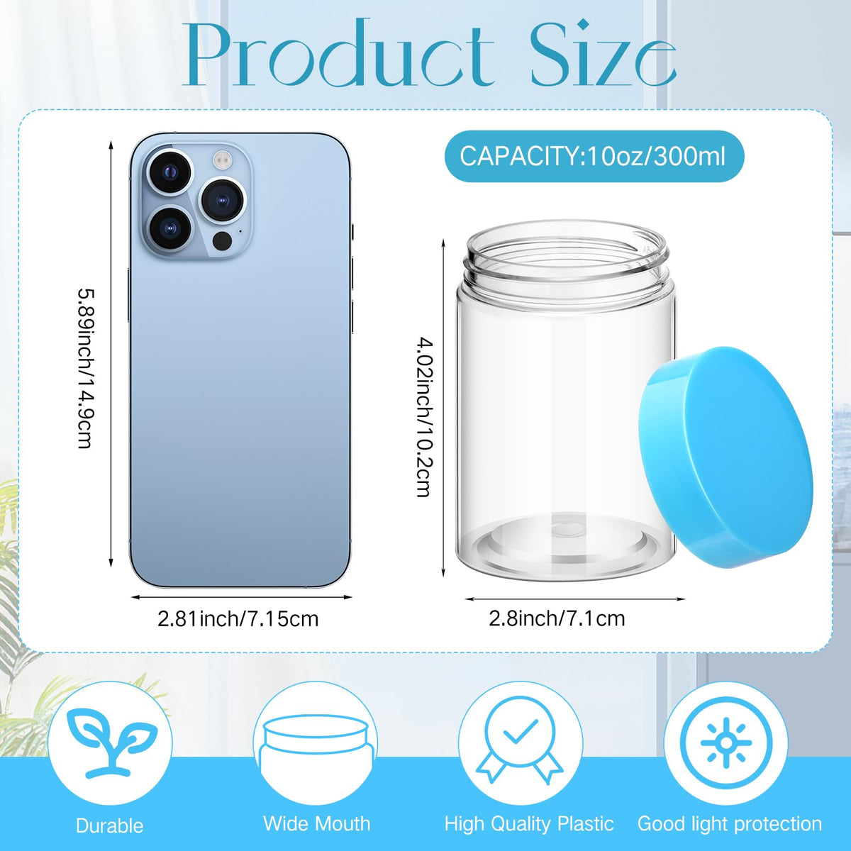 Patelai 10 oz round plastic jar with blue lid side view