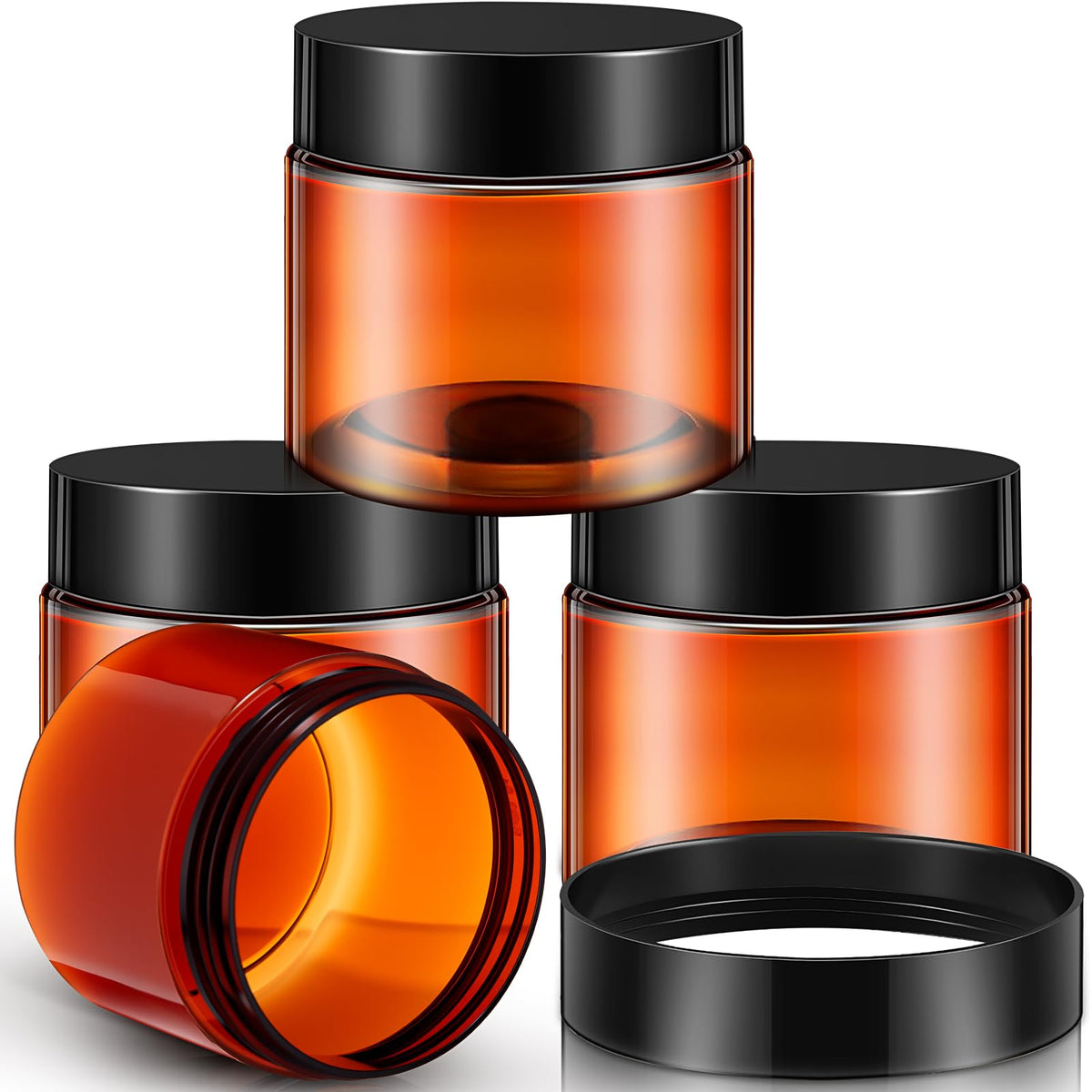 Patelai 4-pack amber plastic jars with black lids front view