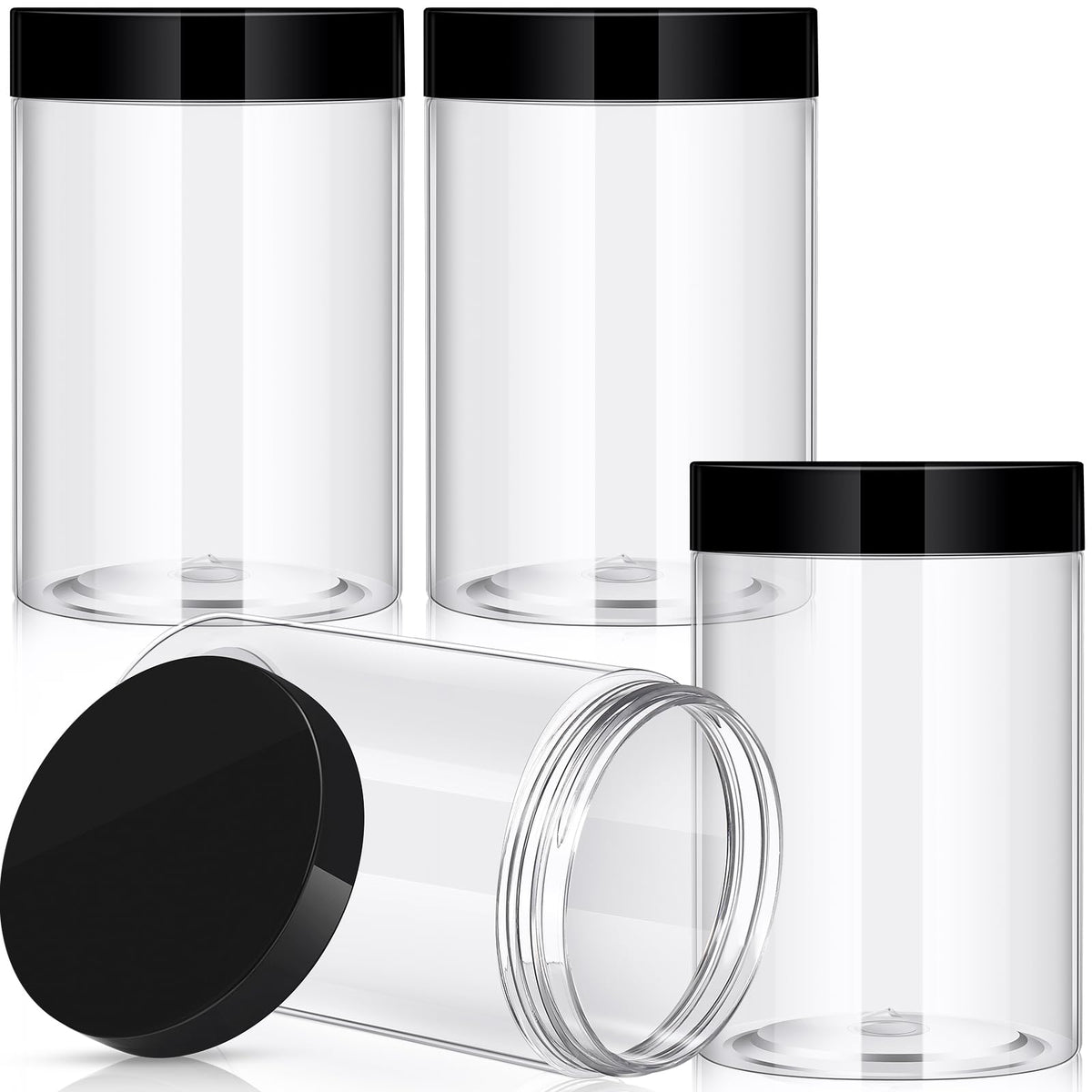 Patelai 4 pack round plastic jars with black lids front view