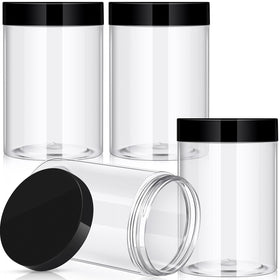 Patelai 4 pack round plastic jars with black lids front view