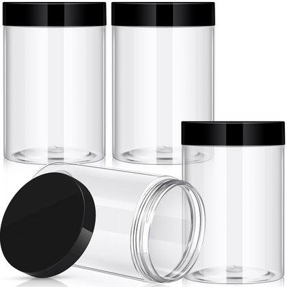 Patelai 4 pack round plastic jars with black lids front view