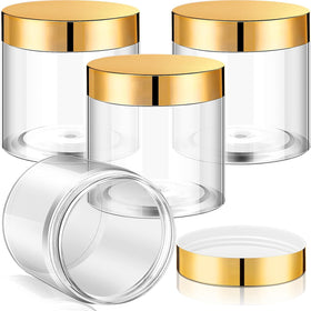 Patelai 4-pack round plastic jars with gold lids, front view