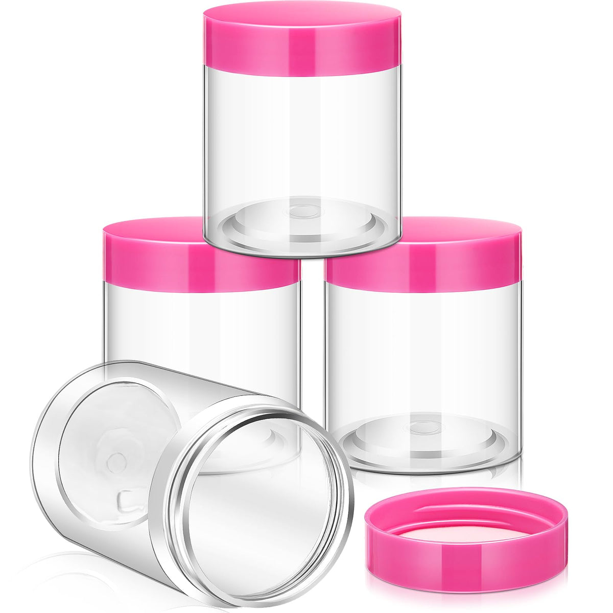 Patelai 4 Pack Round Plastic Jars with Pink Lids, front view