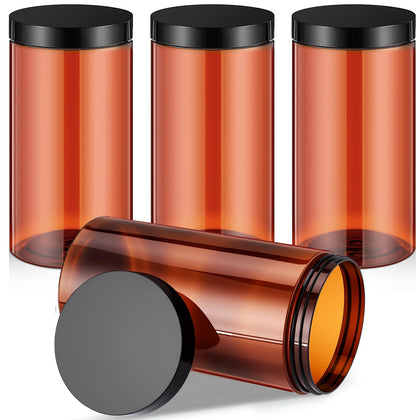 Patelai 4 pieces amber plastic jars with black lids front view