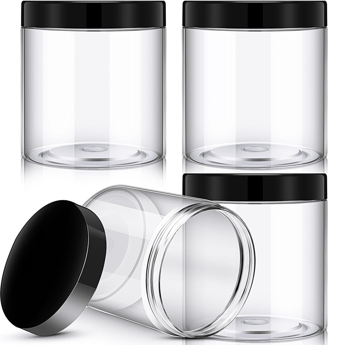 Patelai 4 pieces round plastic jars with black screw-on lids
