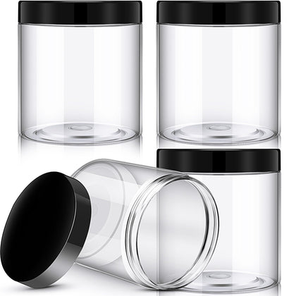 Patelai 4 pieces round plastic jars with black screw-on lids