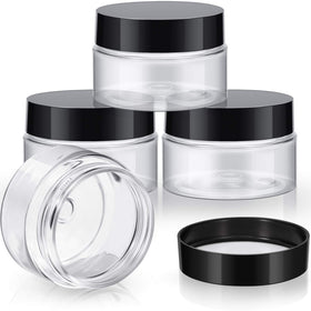 Patelai 4 round plastic jars with black lids front view