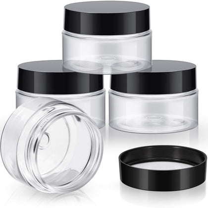Patelai 4 round plastic jars with black lids front view