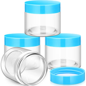 Patelai 4 round plastic jars with blue screw-on lids front view