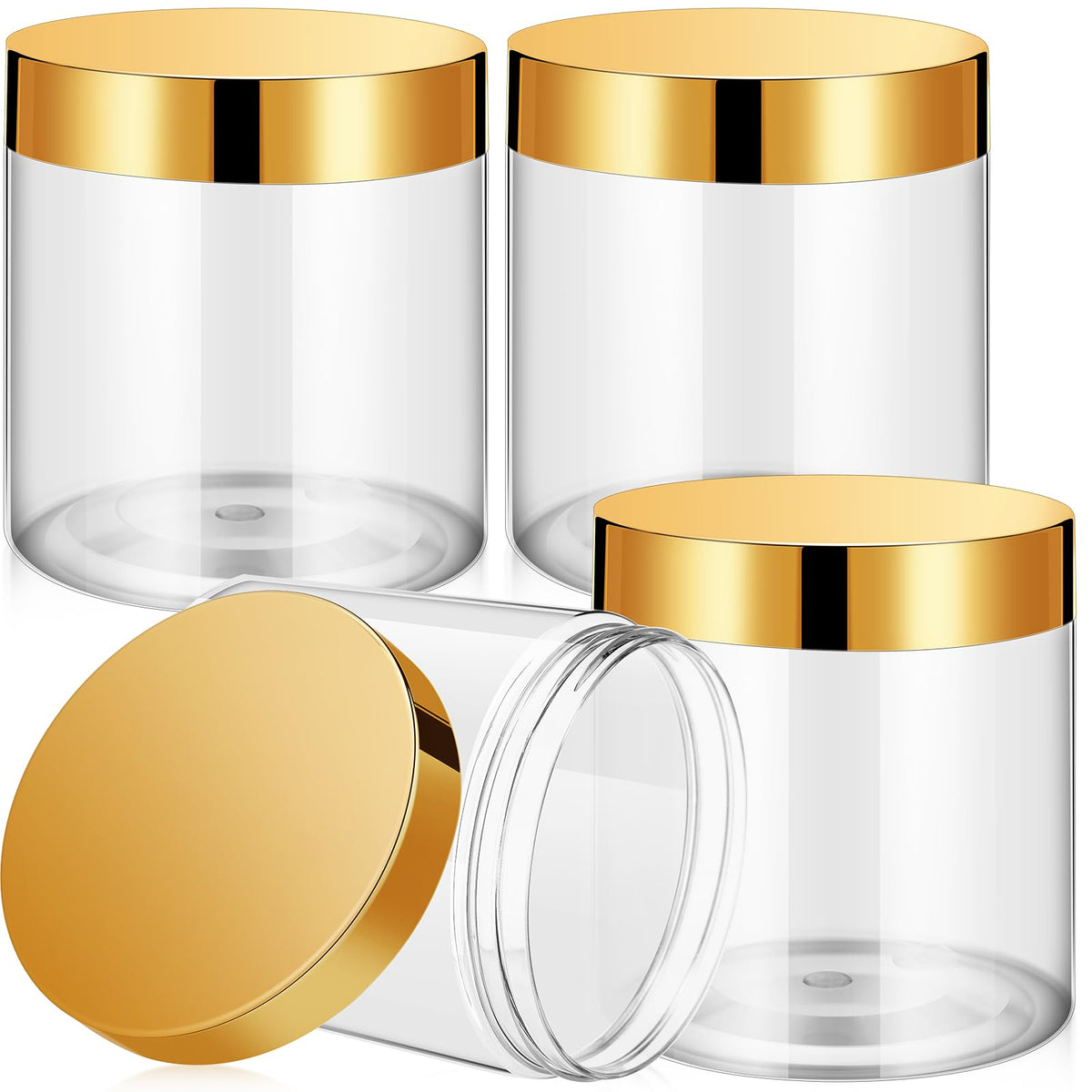 Patelai 4 round plastic jars with gold lids front view