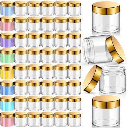 Patelai 48 pack clear plastic jars with gold lids, front view