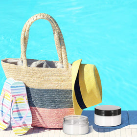 Patelai jars filled with makeup products for travel