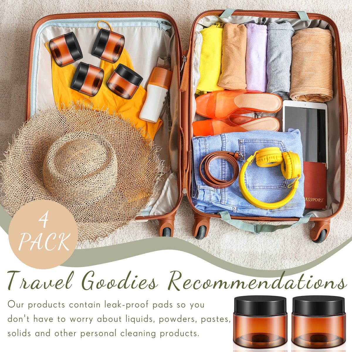Patelai jars on a travel bag with beauty essentials