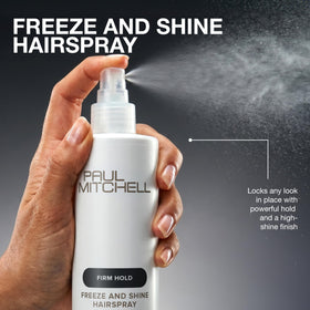 Paul Mitchell Freeze and Shine Hairspray bottle with styling tools