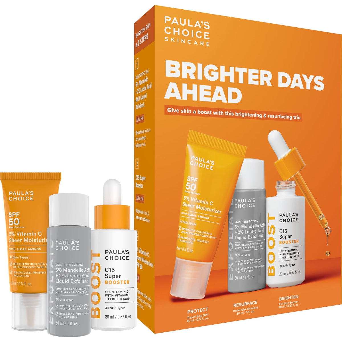 Paula's Choice Brighter Days Ahead Kit front view with sunscreen, exfoliant, and serum