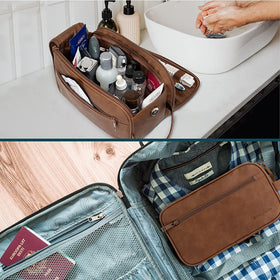 PAVILIA Toiletry Bag for Men hanging in a bathroom