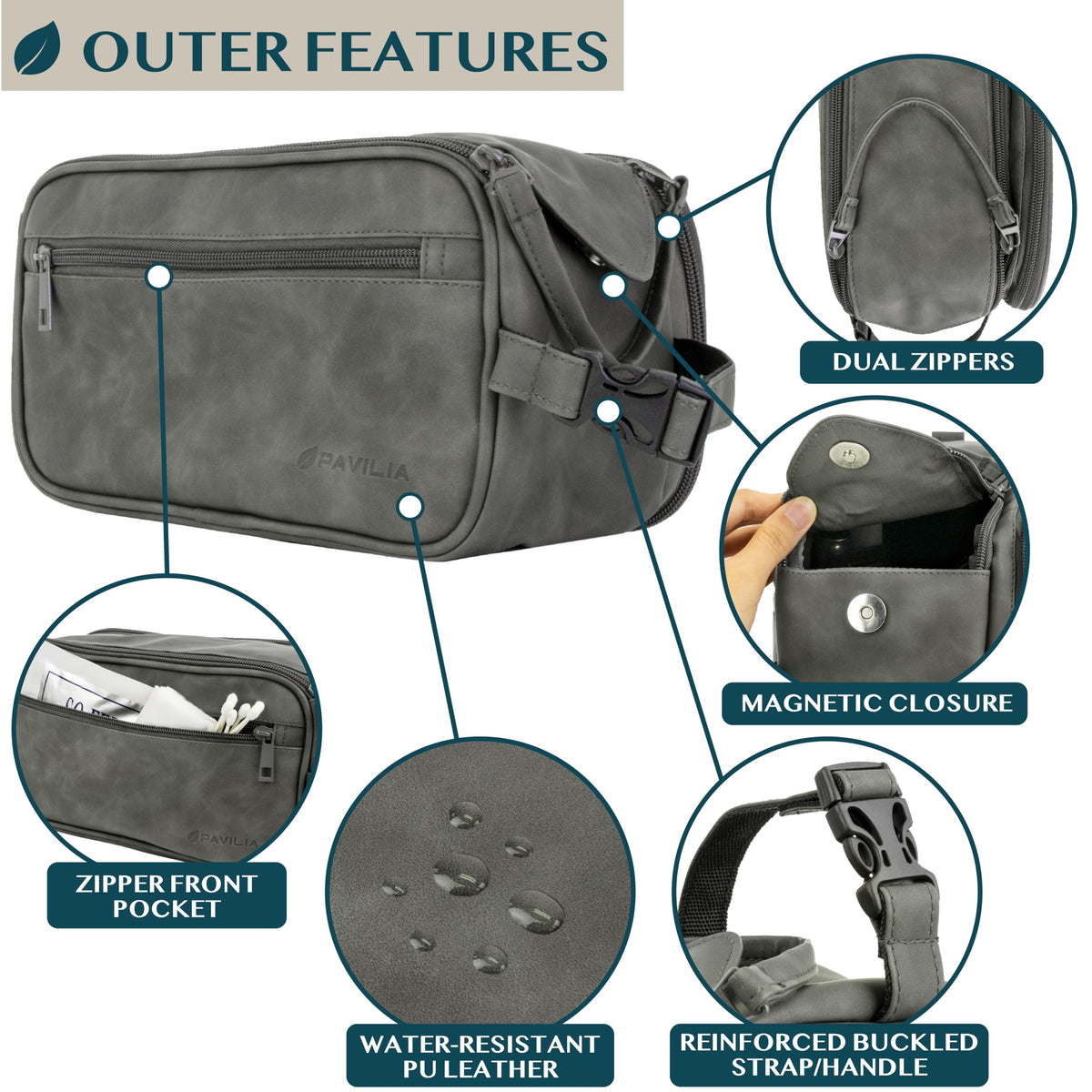 PAVILIA Toiletry Bag for Men side view with pockets